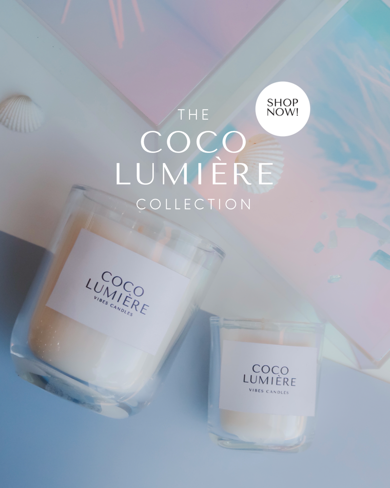 Coco Lumière Collection text with a ocean waves background