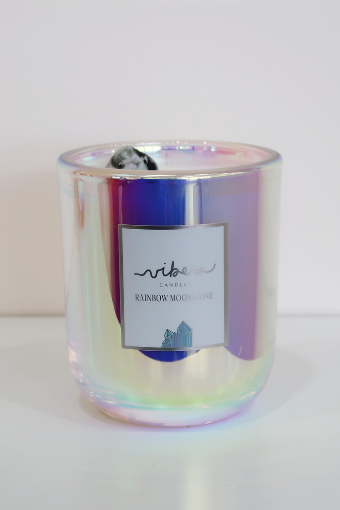 10oz Crystal Candle - Rainbow Moonstone - Intuition + Moon Magic + Awakens