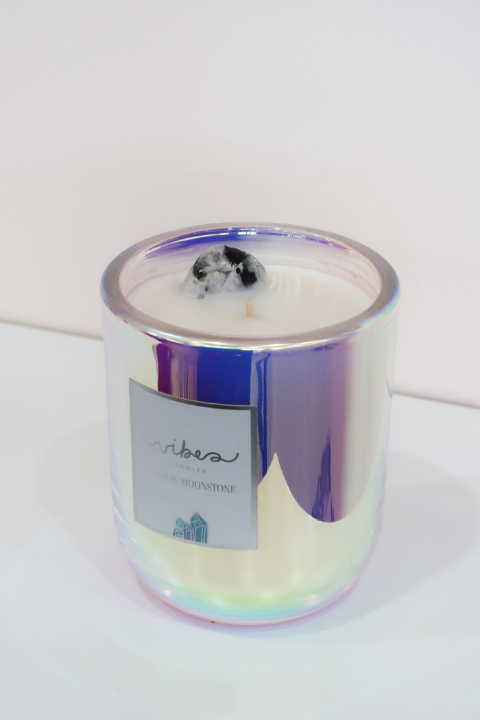 10oz Crystal Candle - Rainbow Moonstone - Intuition + Moon Magic + Awakens