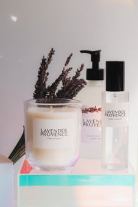 Lavender Provence candle, hand and body wash, room spray and diffuser on a white background