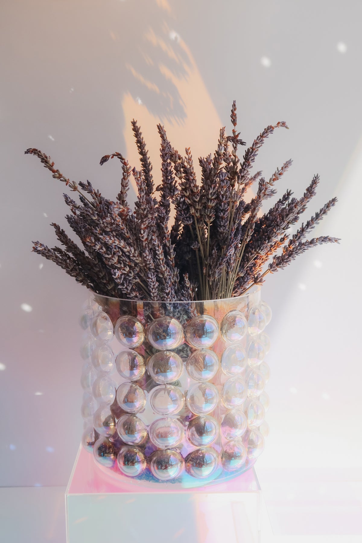 Iridescent vase with dried lavender on a light background