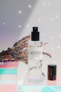 Lavender Provence room spray with lavender flowers on a iridescent background