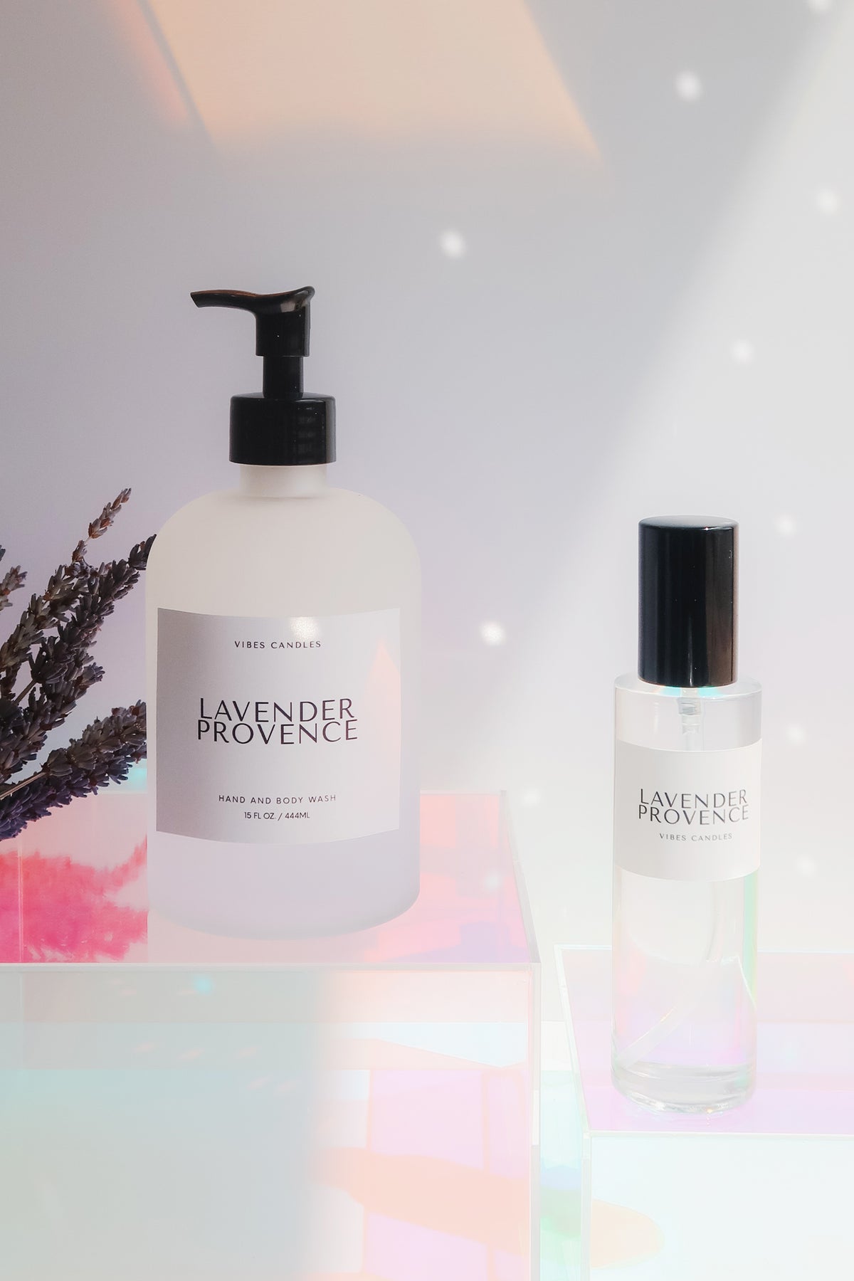 Two Lavender Provence products on a colorful, blurred background